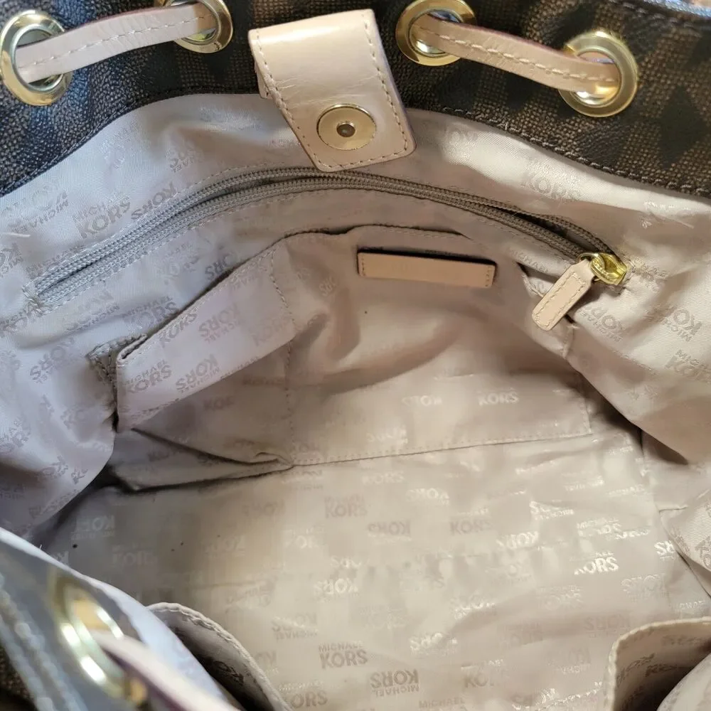 Michael Kors Brown Monogram Drawstring Satchel Handbag Purse Double Top Handle